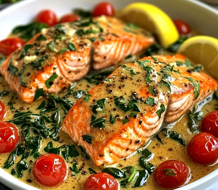 Sautéed Garlic-Ginger Salmon with Wilted Spinach and Cherry Tomatoes