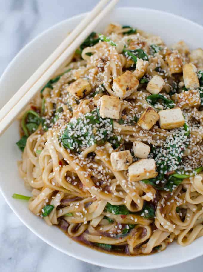 Vegetarian Stir-Fried Noodles with Tofu and Sesame Ginger Sauce