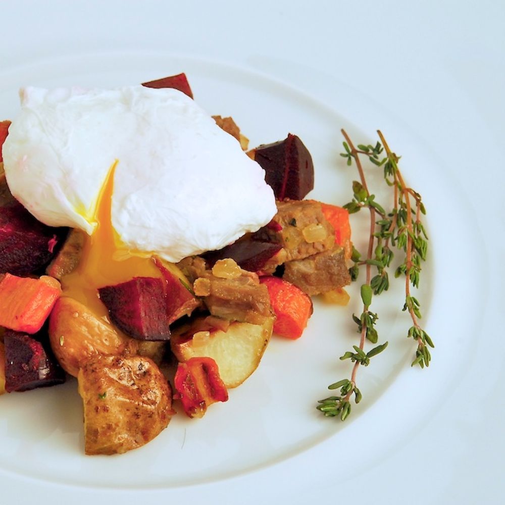 Maple-Glazed Root Vegetable Hash with Crispy Poached Eggs
