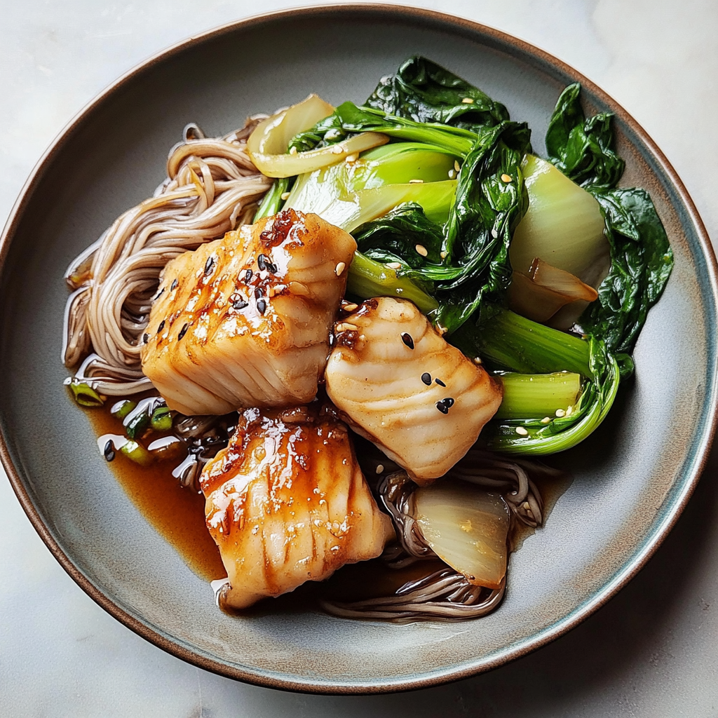 Steamed Ginger-Soy Cod with Sautéed Bok Choy and Mushrooms