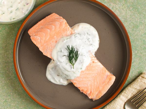 Pan-Seared Salmon with Dill-Yogurt Sauce and Cucumber Salad