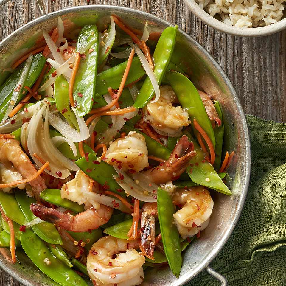 Quick Stir-Fried Garlic Shrimp with Snow Peas and Sesame