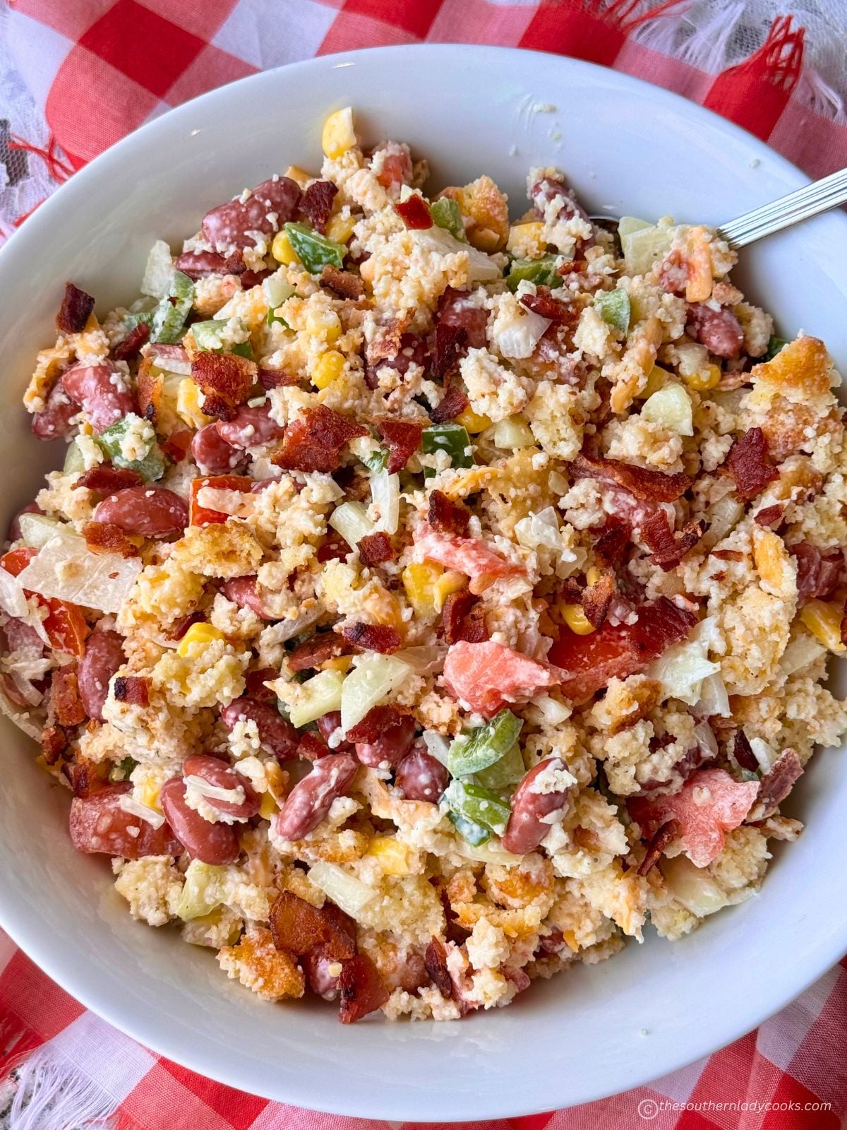 Virginia Beach Style Cornbread Salad with Bacon and Cheddar