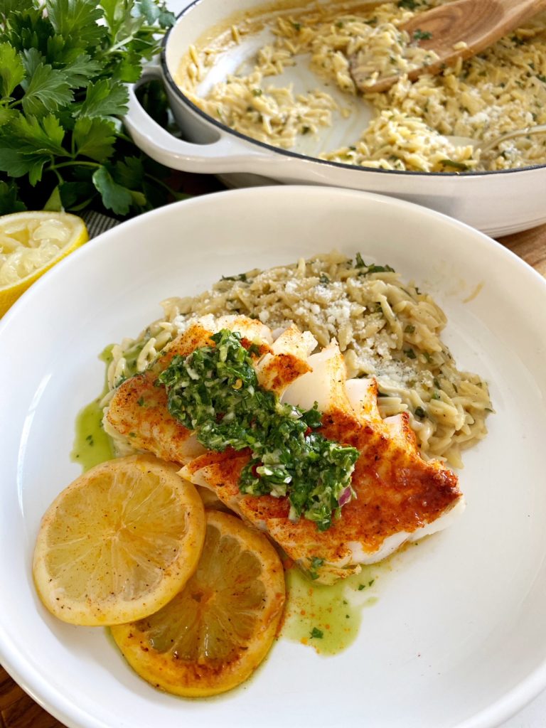 Baked Cod with Lemon-Cilantro Chimichurri and Cauliflower Rice