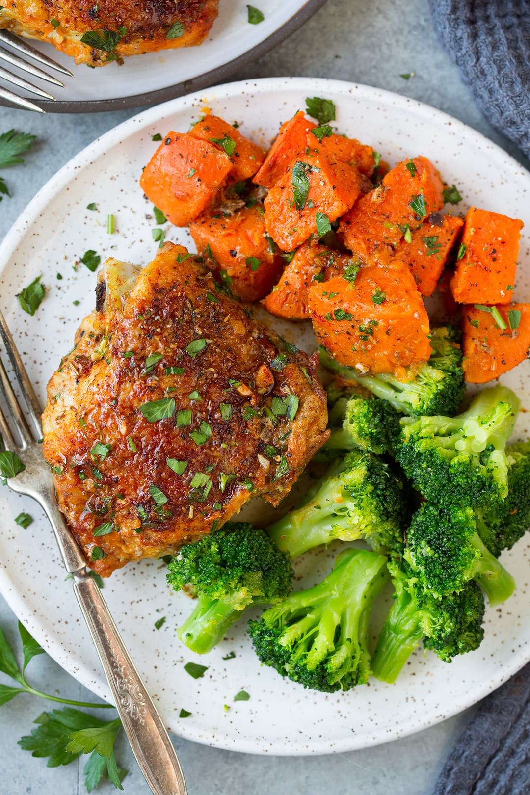 Sautéed Chicken Thighs with Roasted Sweet Potato and Apple Hash