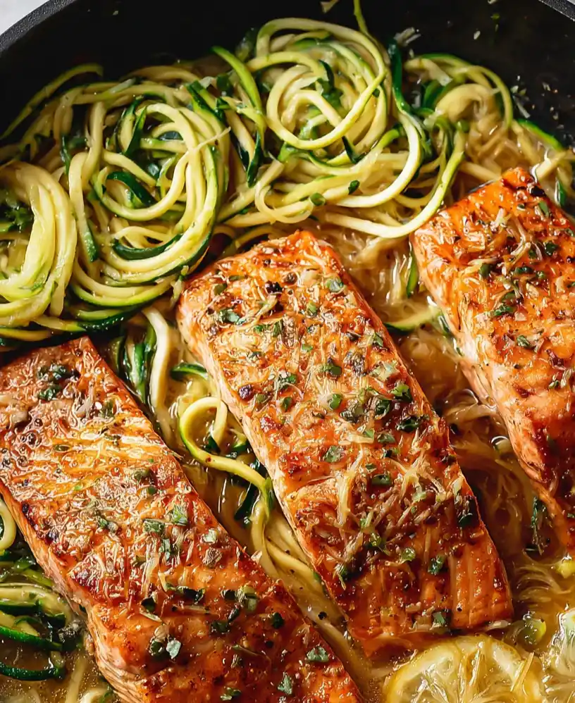 Sautéed Salmon with Zucchini Noodles and Lemon Basil Sauce