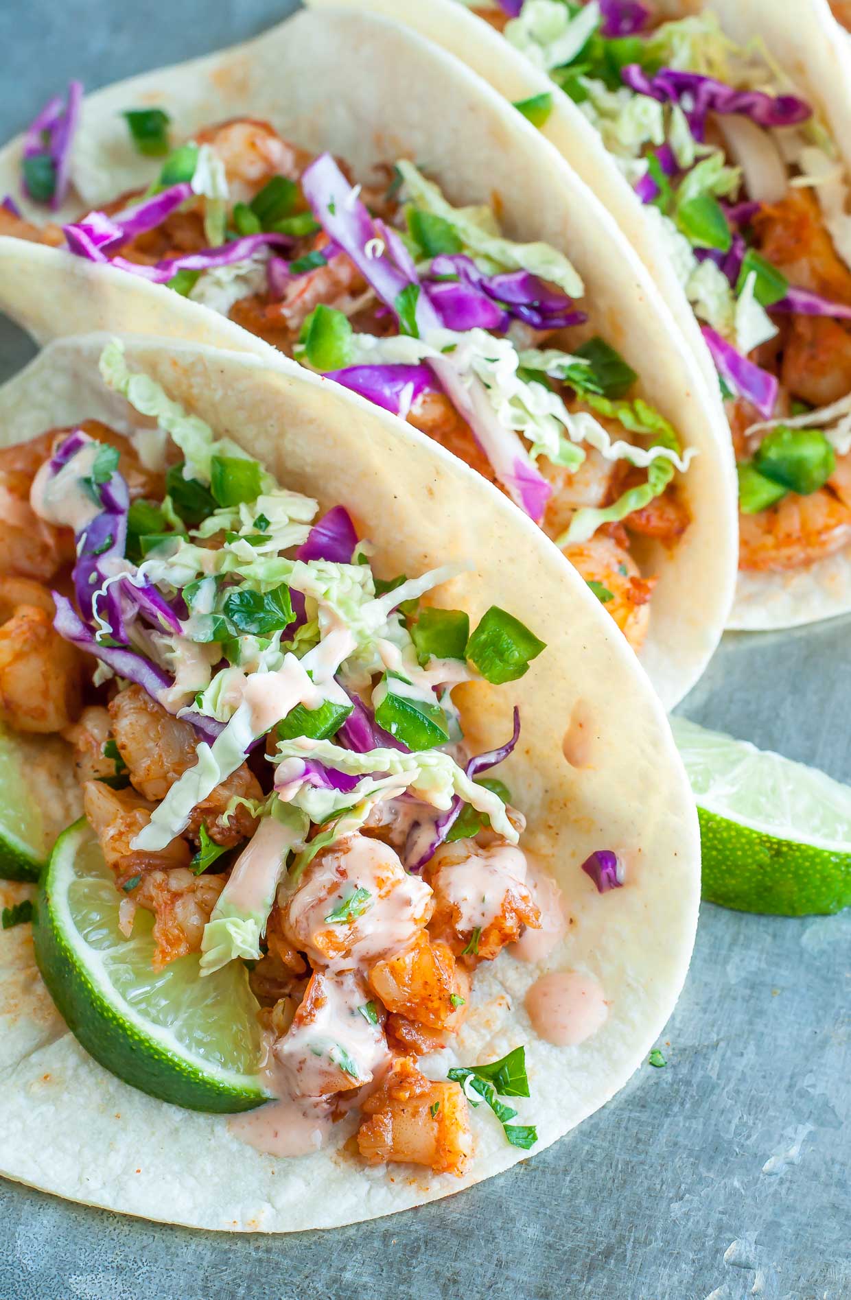 Spicy Tequila-Lime Shrimp Tacos with Cabbage Slaw