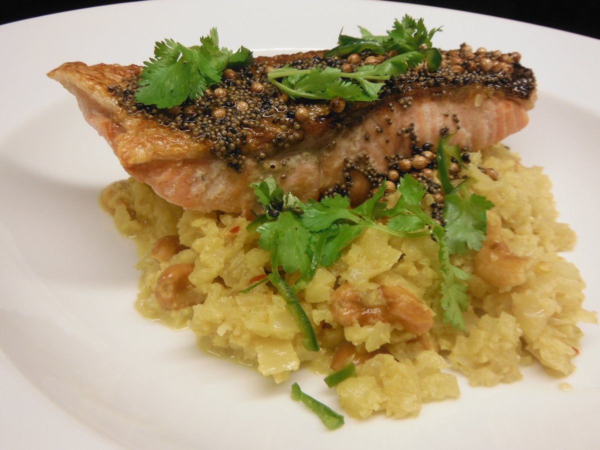 Pan-Roasted Salmon with Spiced Cauliflower Rice and Green Beans