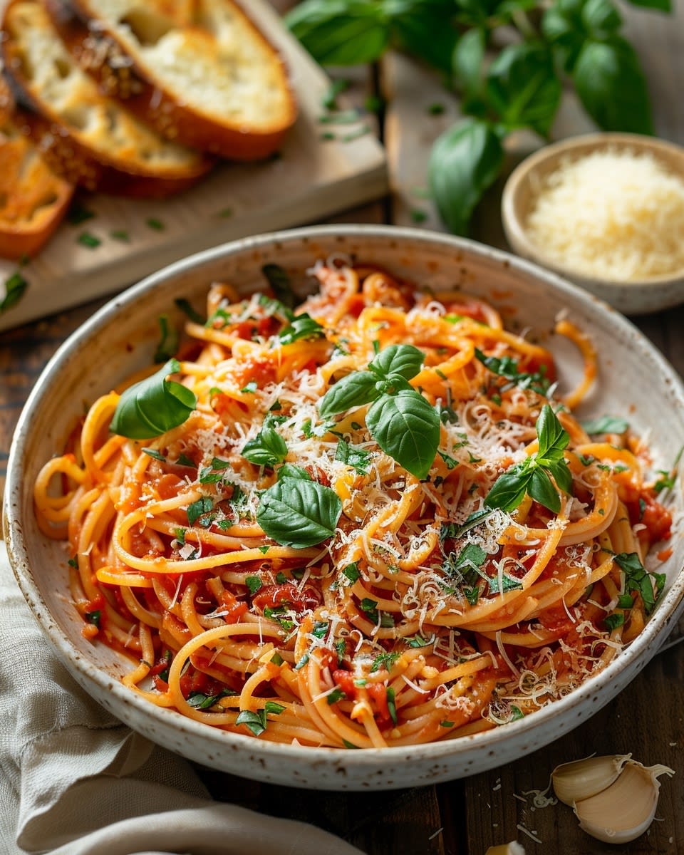 One-Pot Tomato Basil Pasta with Garlic Olive Oil
