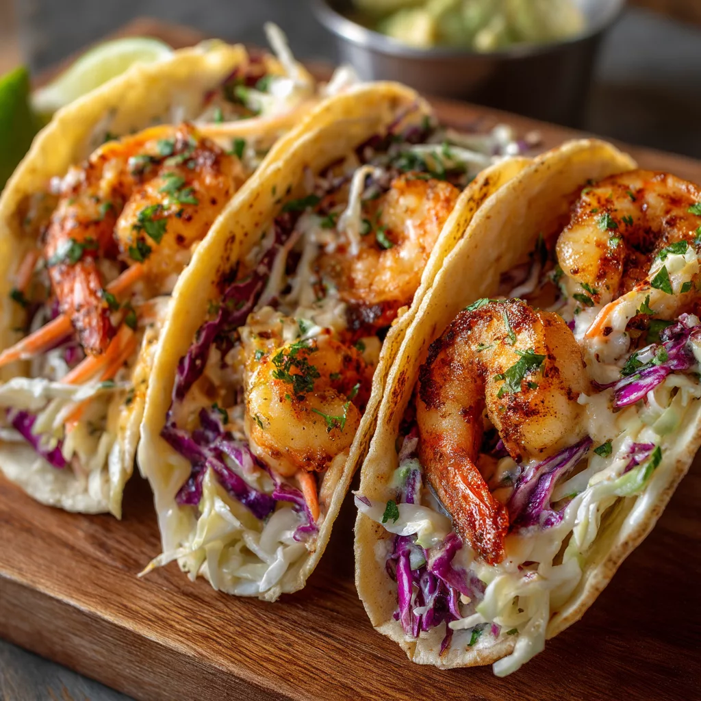 Sautéed Shrimp Tacos with Cabbage Slaw and Cilantro Lime Sauce