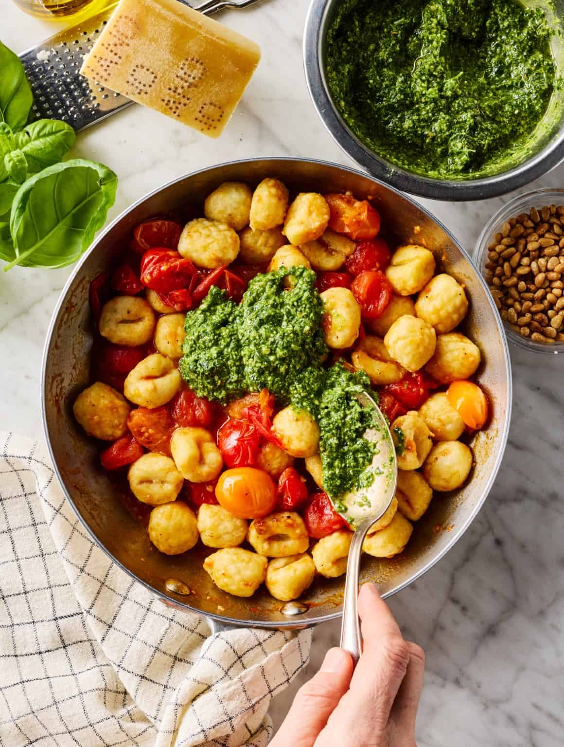 Pan-Seared Gnocchi with Spinach, Cherry Tomatoes, and Basil Pesto