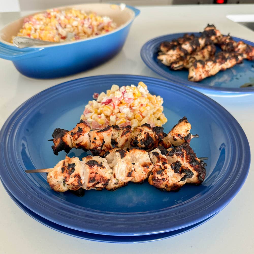 Grilled Herb-Marinated Chicken Skewers with Red, White & Blue Salsa