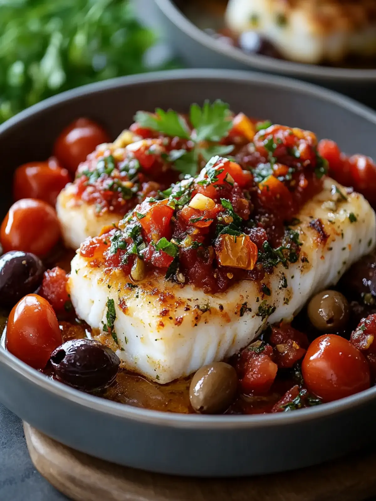 Baked Cod with Tomato-Olive Relish and Zucchini Noodles