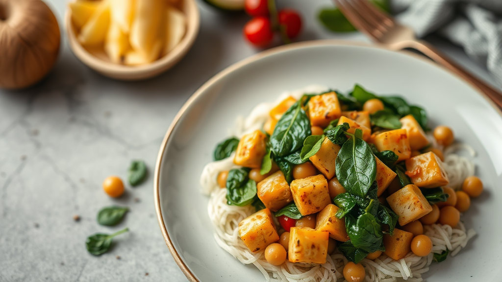 Stir-Fried Garlic Tofu with Spinach and Chickpeas
