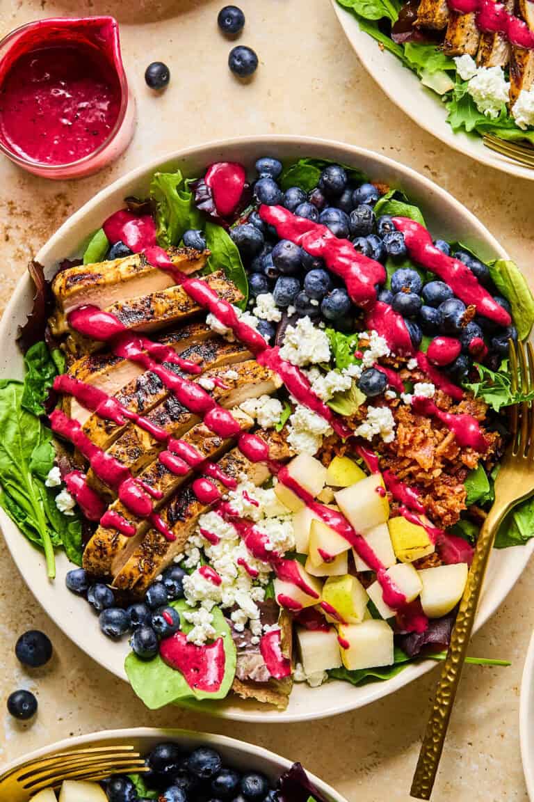 Blueberry and Basil Vinaigrette Salad with Grilled Shrimp