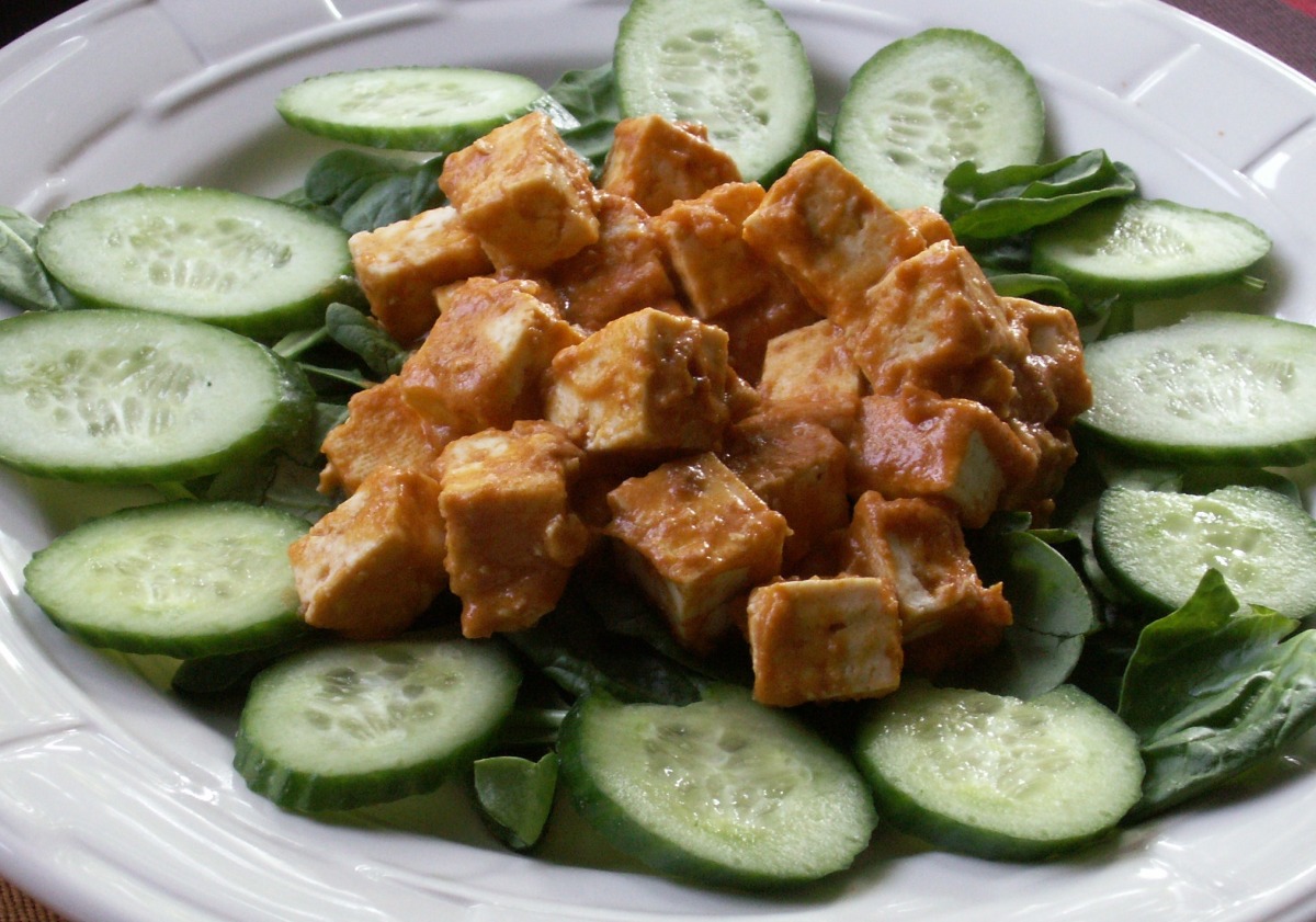 Pan-Seared Tofu with Spicy Peanut Sauce and Stir-Fried Vegetables