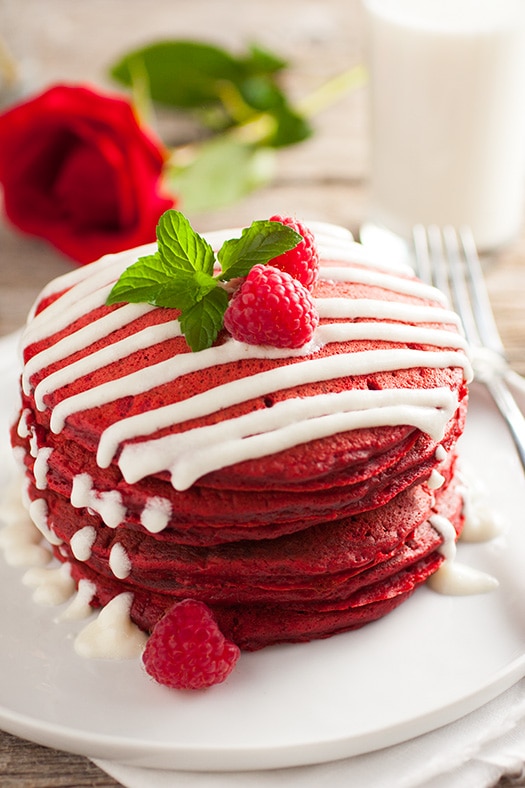 Star-Spangled Red Velvet Pancakes with Blueberry Syrup