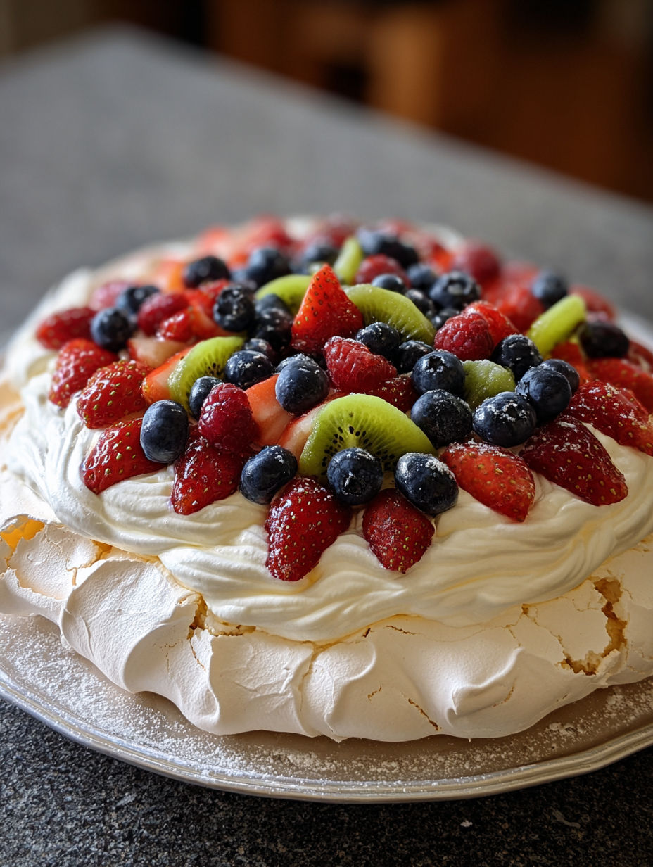 Blueberry and Strawberry Pavlova with Whipped Cream