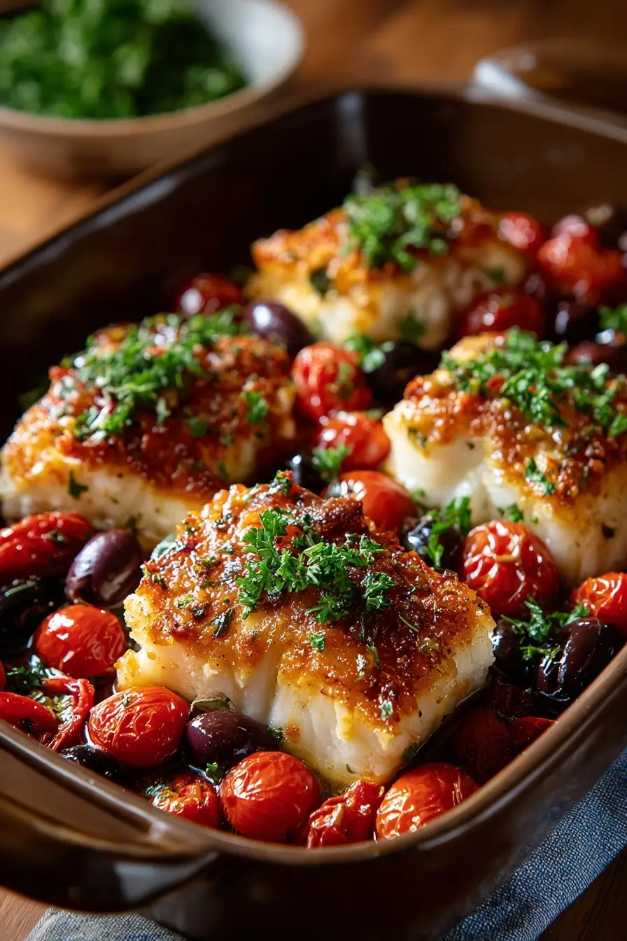 Baked Cod with Tomato-Olive Relish and Fresh Herbs
