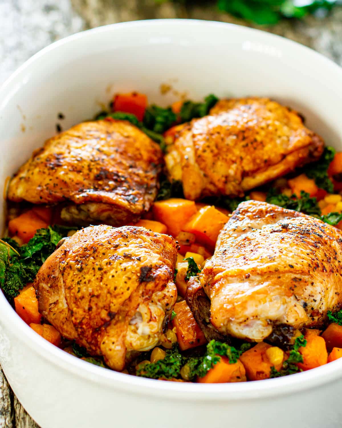 Honey-Ginger Glazed Chicken Thighs with Sweet Potatoes