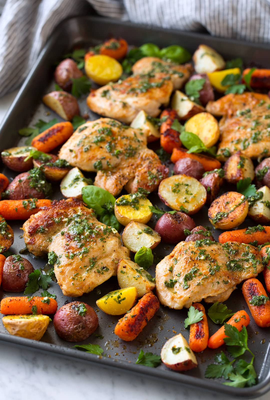 Sautéed Chicken Thighs with Garlic and Roasted Vegetables