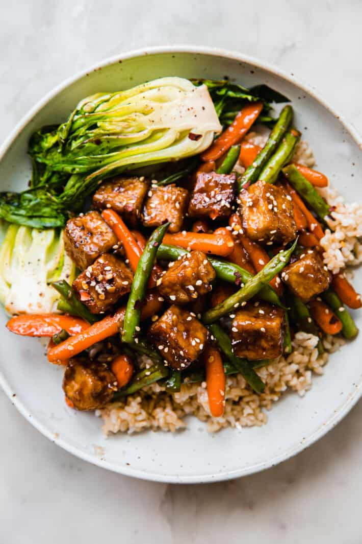 Vegetable Stir-Fry with Ginger-Sesame Tofu over Jasmine Rice