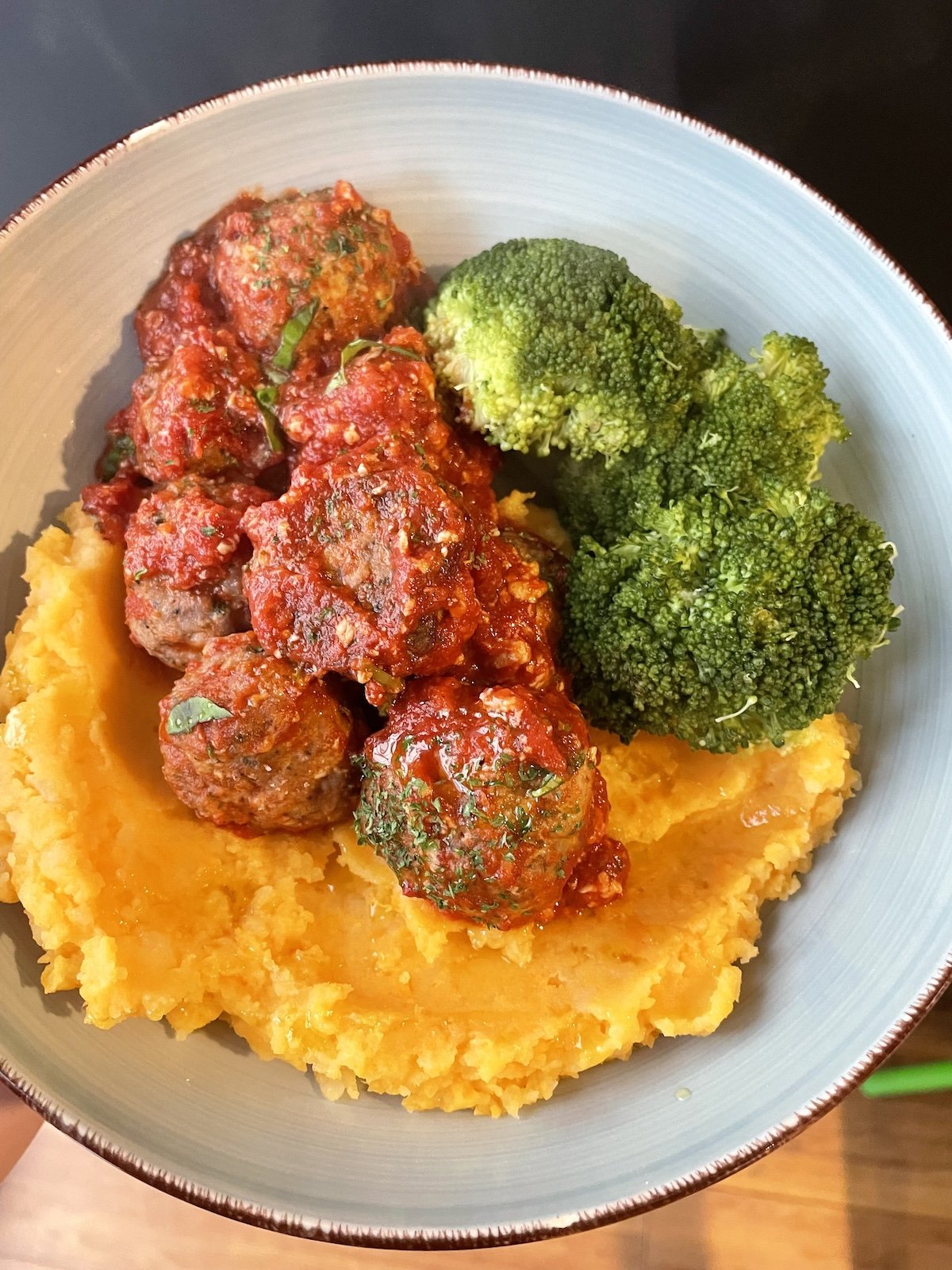Oven-Roasted Turkey Meatballs with Sweet Potato Mash