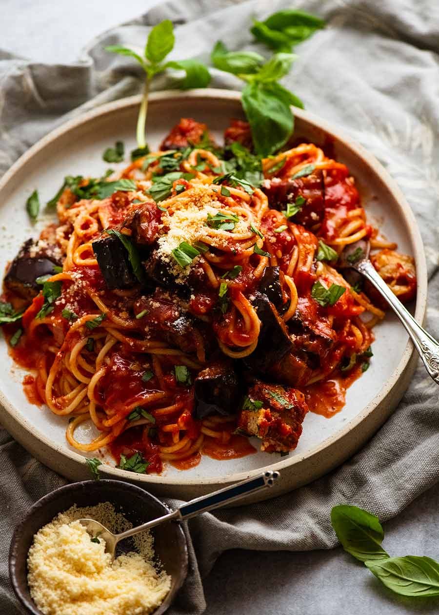 Sautéed Eggplant and Tomato Pasta with Basil
