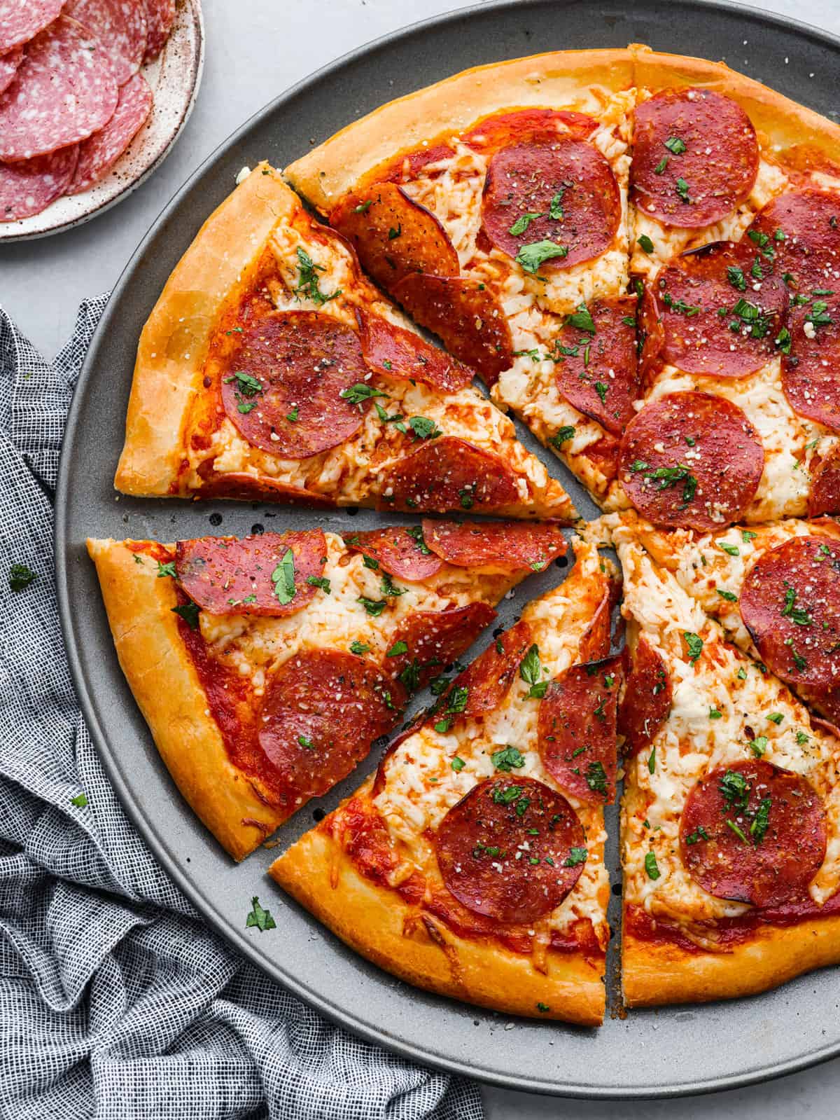 Thin-Crust Pepperoni and Mozzarella Pizza