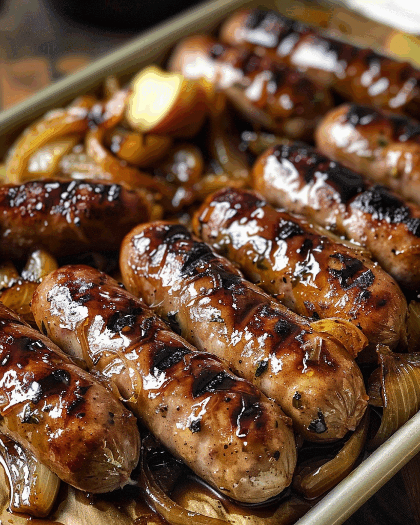 Craft Beer-Braised Bratwurst with Caramelized Onions and Mustard