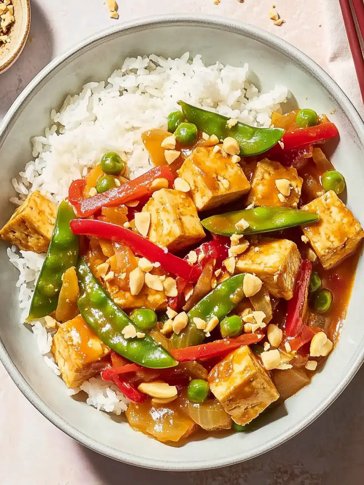 Stir-Fried Tofu with Garlic and Snow Peas in Ginger Sauce