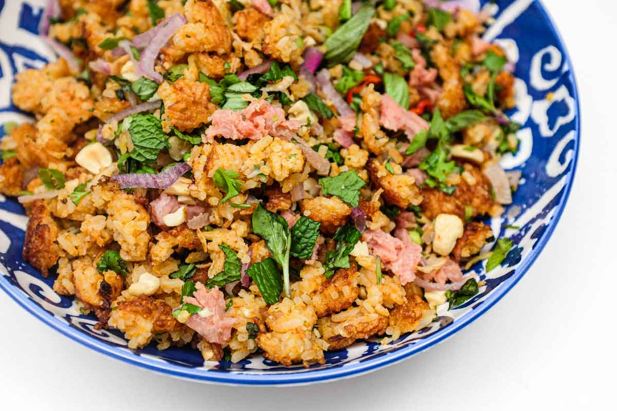 Fried Nam Khao Salad with Lao Herbs and Crispy Rice