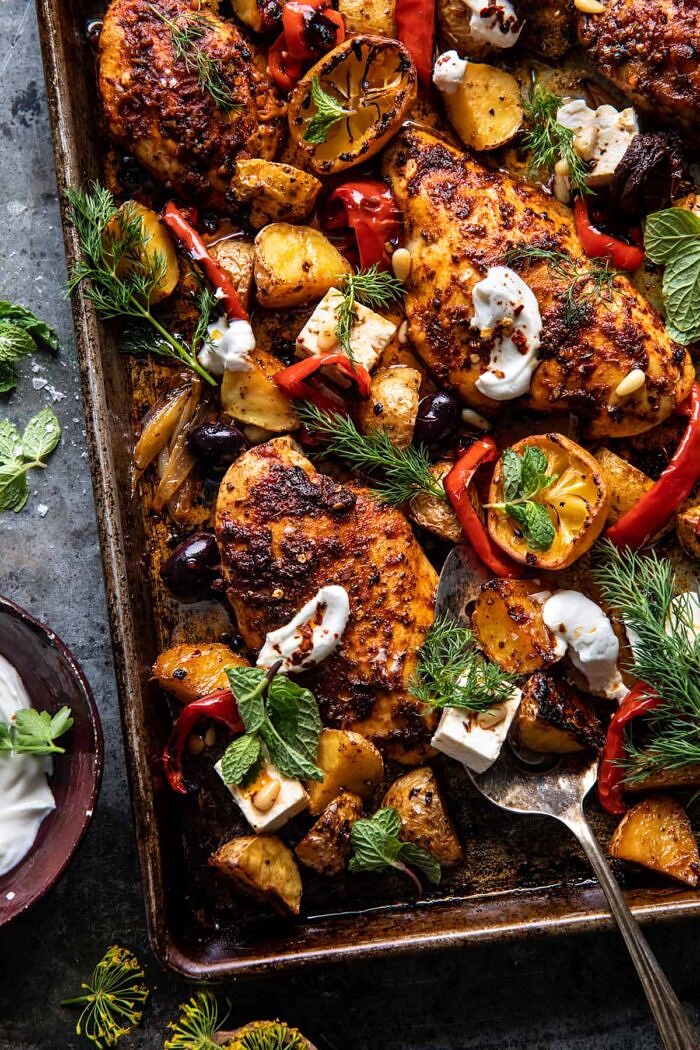 Sheet Pan Greek-Inspired Lemon Chicken with Olives and Potatoes