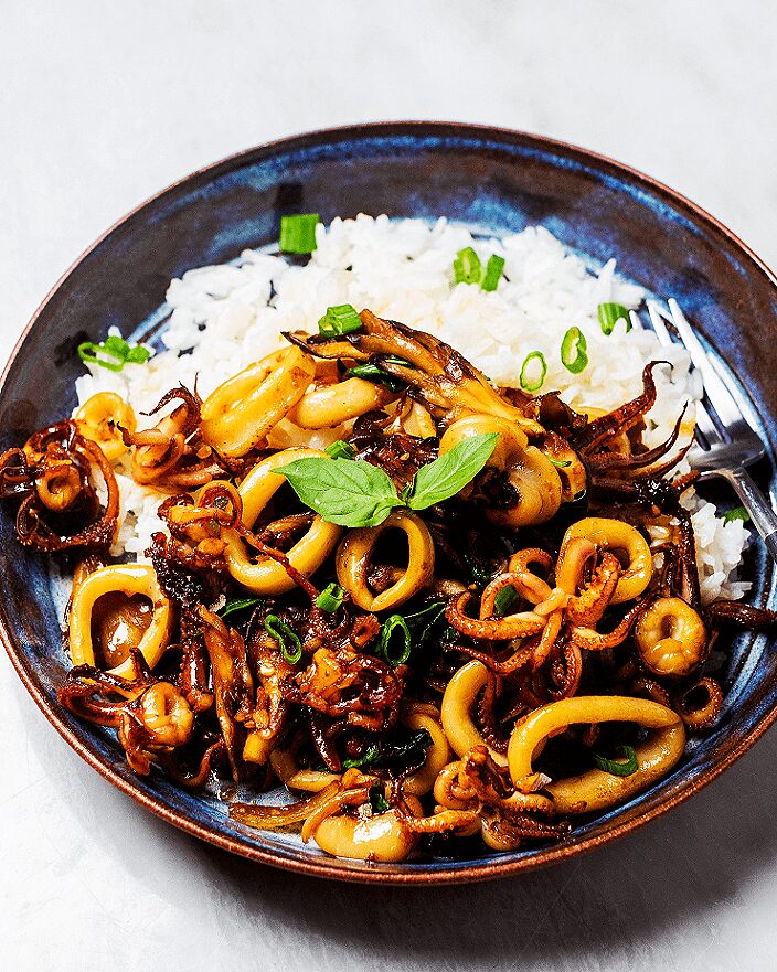 Stir-Fried Squid with Garlic, Chilies, and Basil