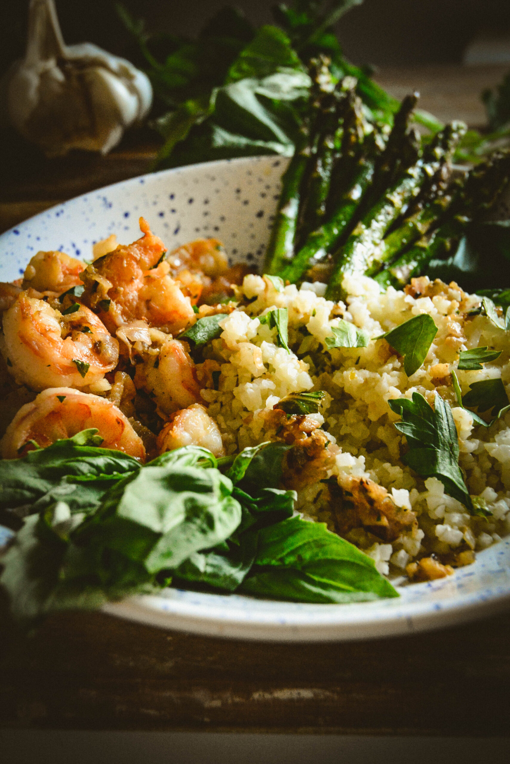 Sautéed Garlic Shrimp with Cauliflower Rice and Asparagus