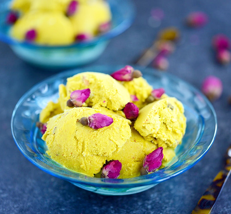 Saffron-Infused Rosewater Ice Cream with Pistachio Crunch