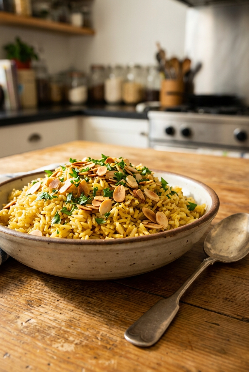 Cardamom-Scented Golden Rice Pilaf with Crispy Almonds