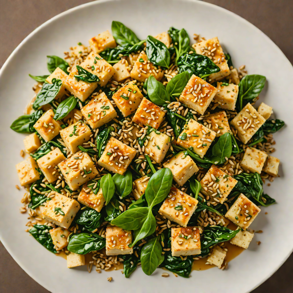 Stir-Fried Tofu with Spinach and Hemp Seeds in Garlic Sauce