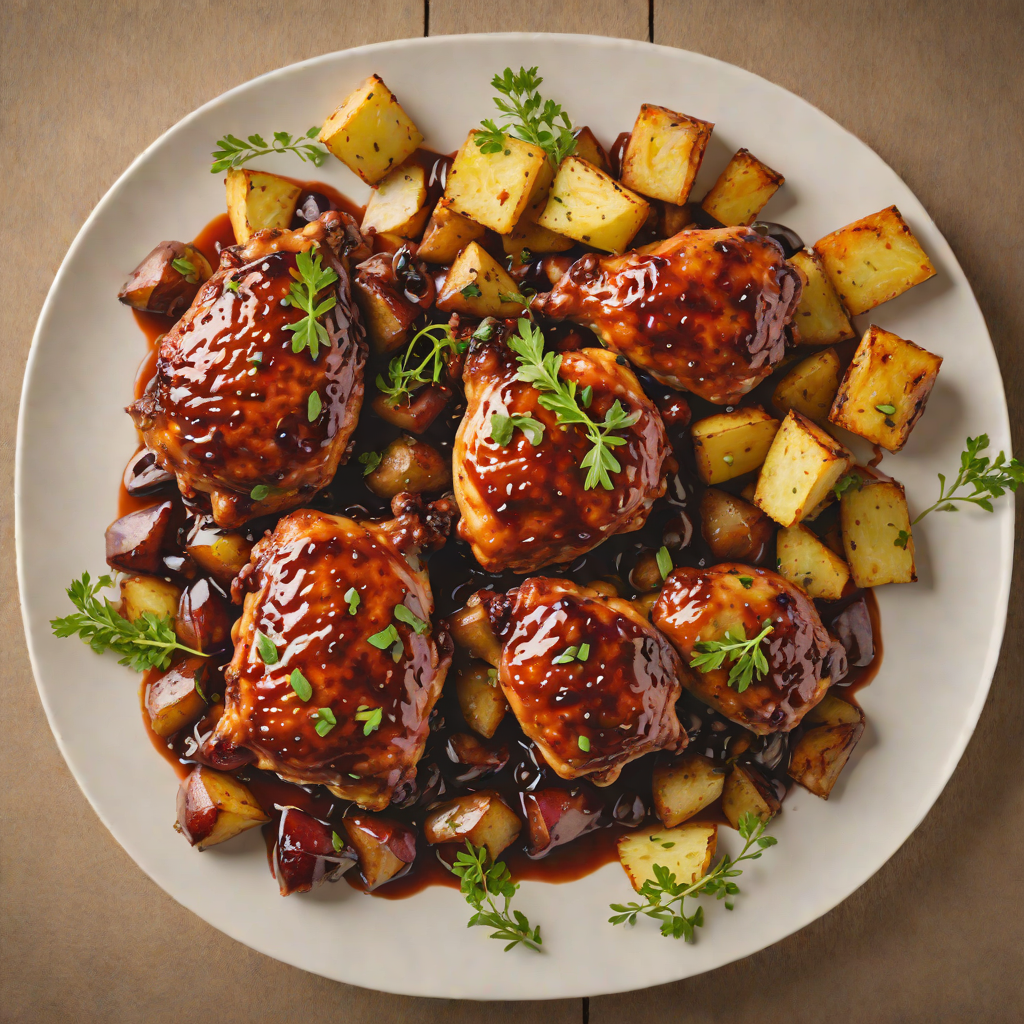 Glazed Cherry Stain Chicken Thighs with Roasted Oak-Smoked Potatoes