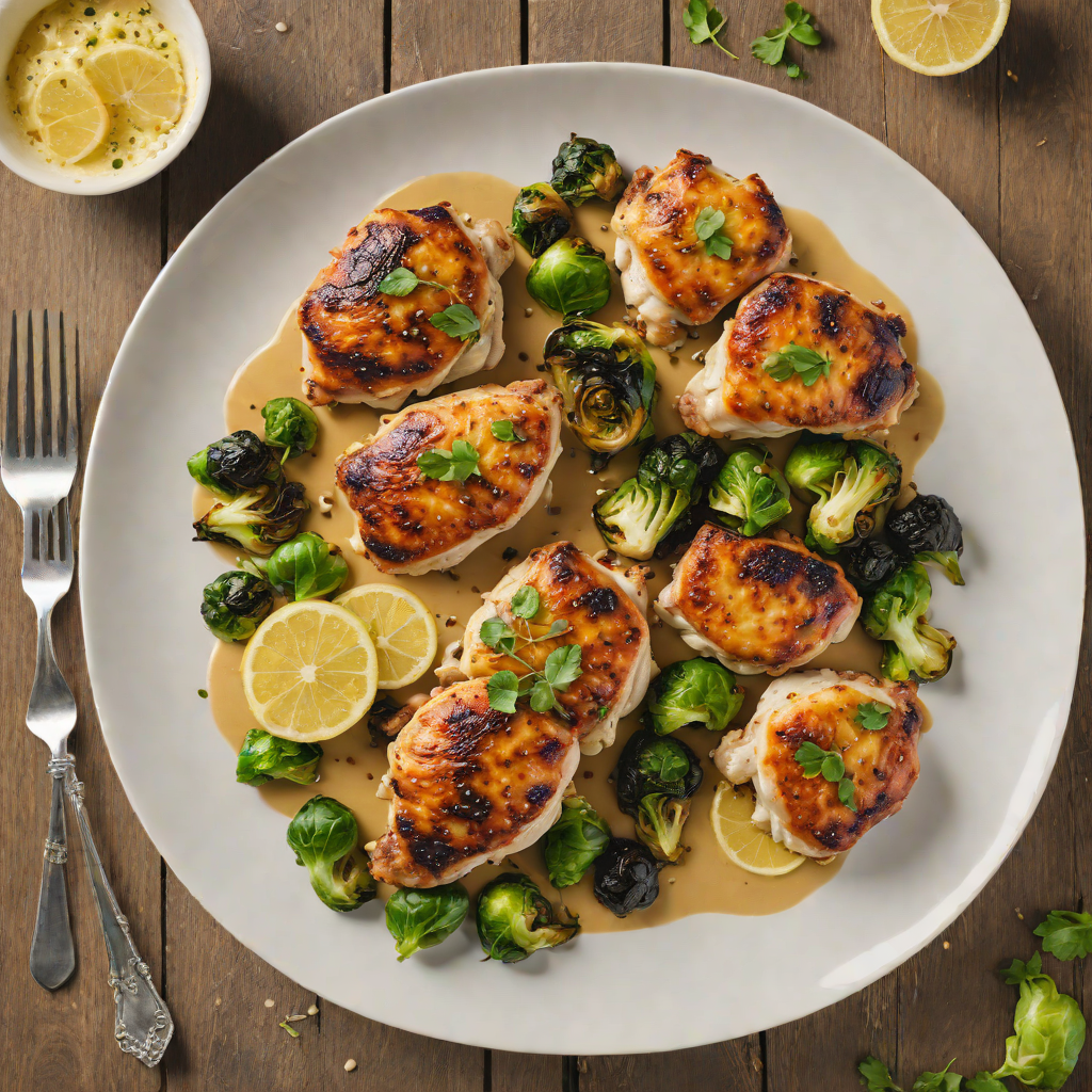 Pan-Seared Chicken Thighs with Roasted Brussels Sprouts and Lemon Garlic Sauce
