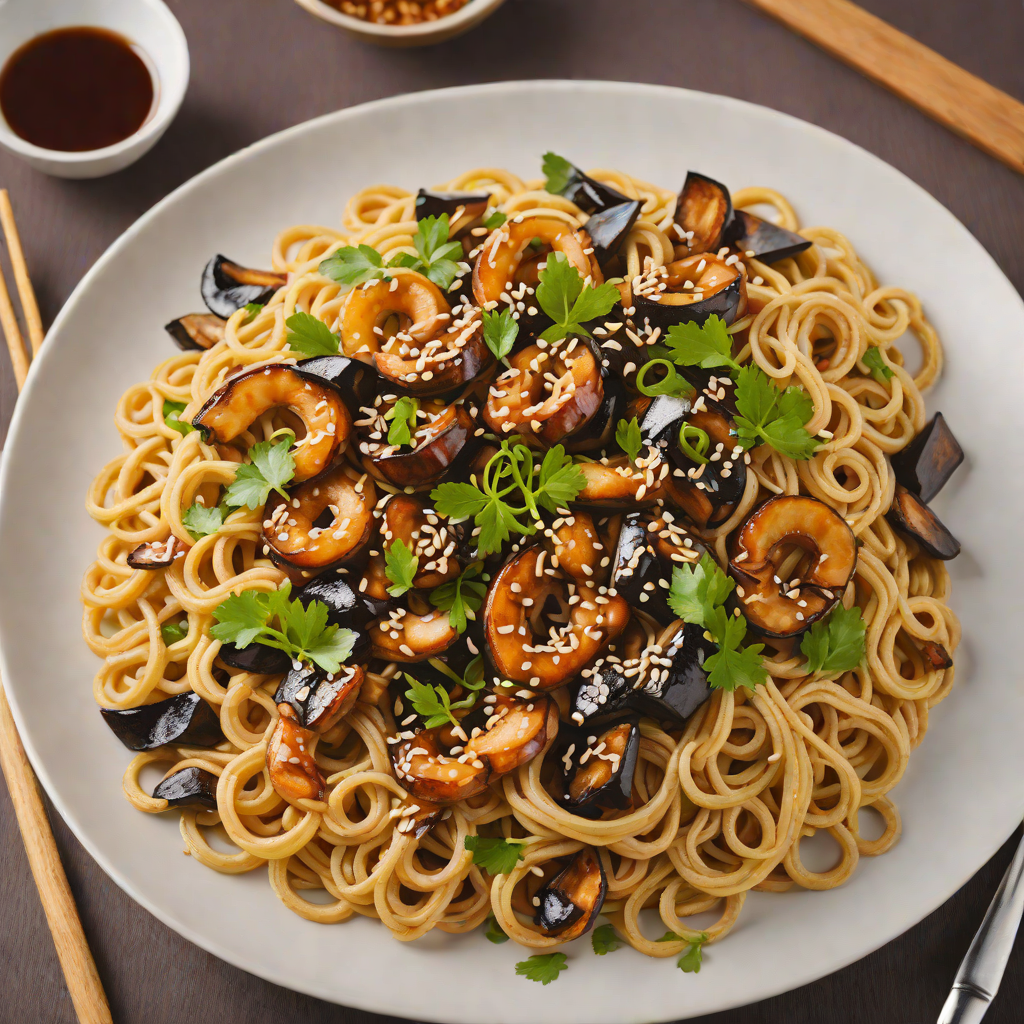 Stir-Fried Udon with Miso-Glazed Eggplant and Shiitake Mushrooms
