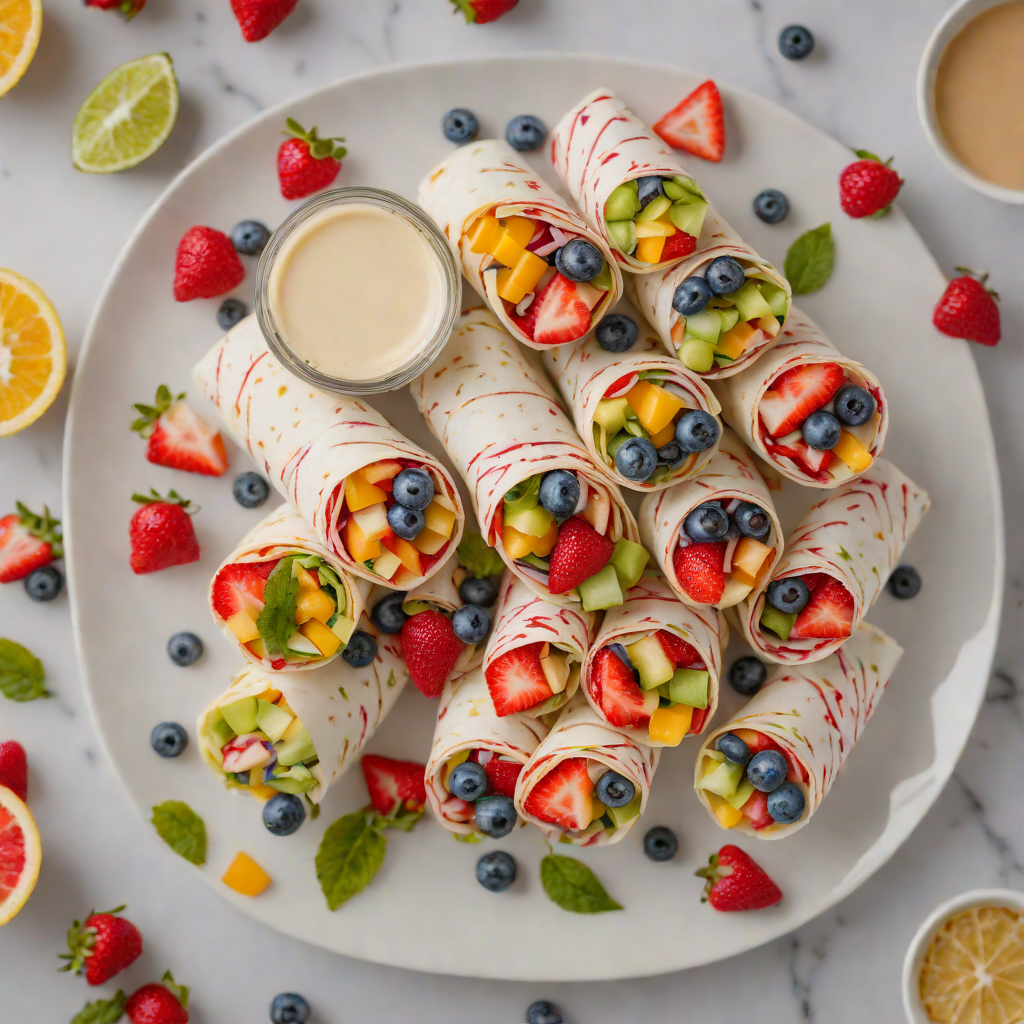 No-Bake Rainbow Fruit Wraps with Honey Yogurt Dip