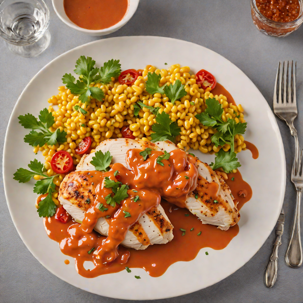 Pan-Seared Chicken with Ames Corn and Roasted Red Pepper Sauce