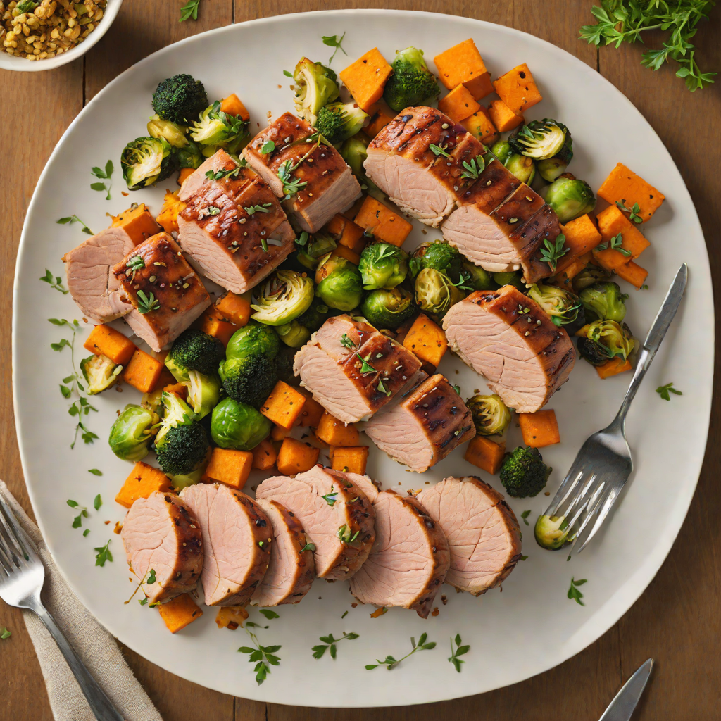 Maple-Mustard Glazed Pork Tenderloin with Sweet Potato and Brussels Sprouts