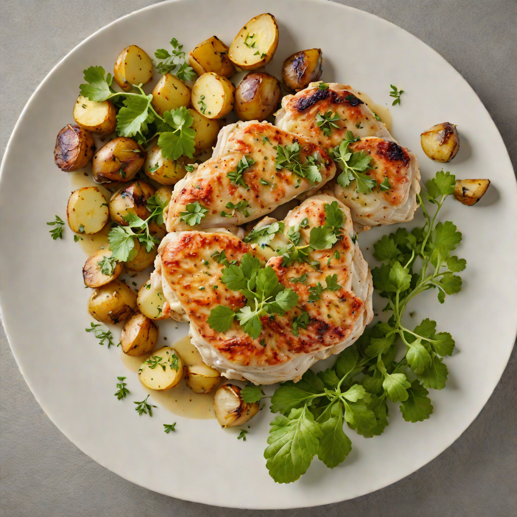 Pan-Seared Chicken with Garlic-Mustard Sauce and Roasted New Potatoes