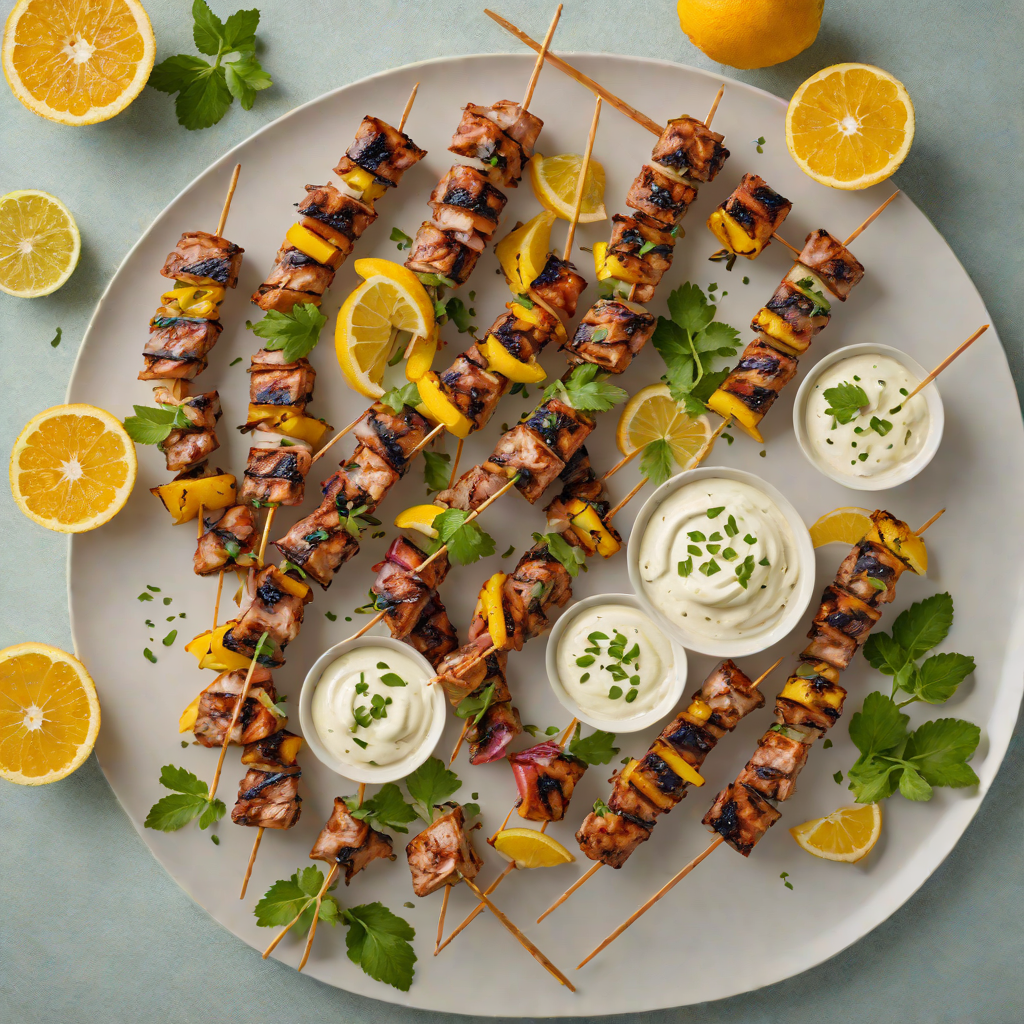 Grilled Citrus and Cumin-Marinated Pork Skewers with Yogurt Sauce