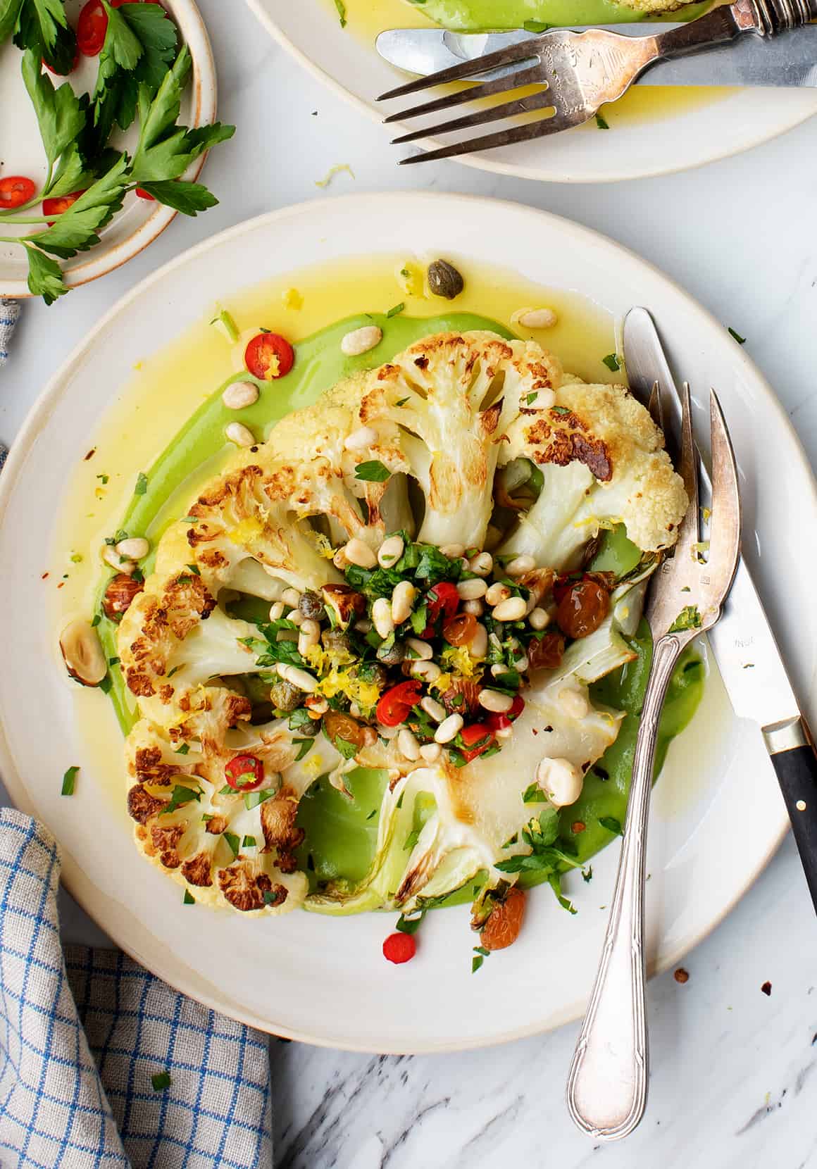 Lemon-Herb Cauliflower Steaks with Crispy Prosciutto