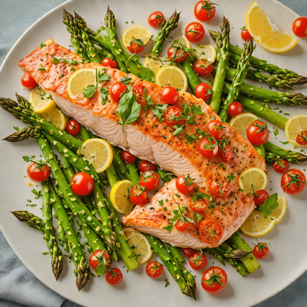 Baked Lemon-Garlic Salmon with Asparagus and Cherry Tomatoes