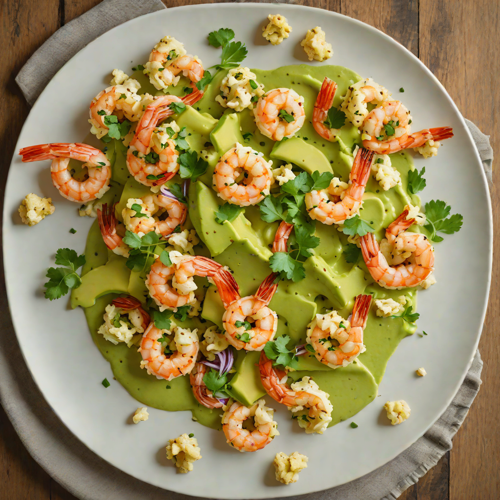 Sautéed Shrimp with Avocado-Cilantro Sauce and Roasted Cauliflower