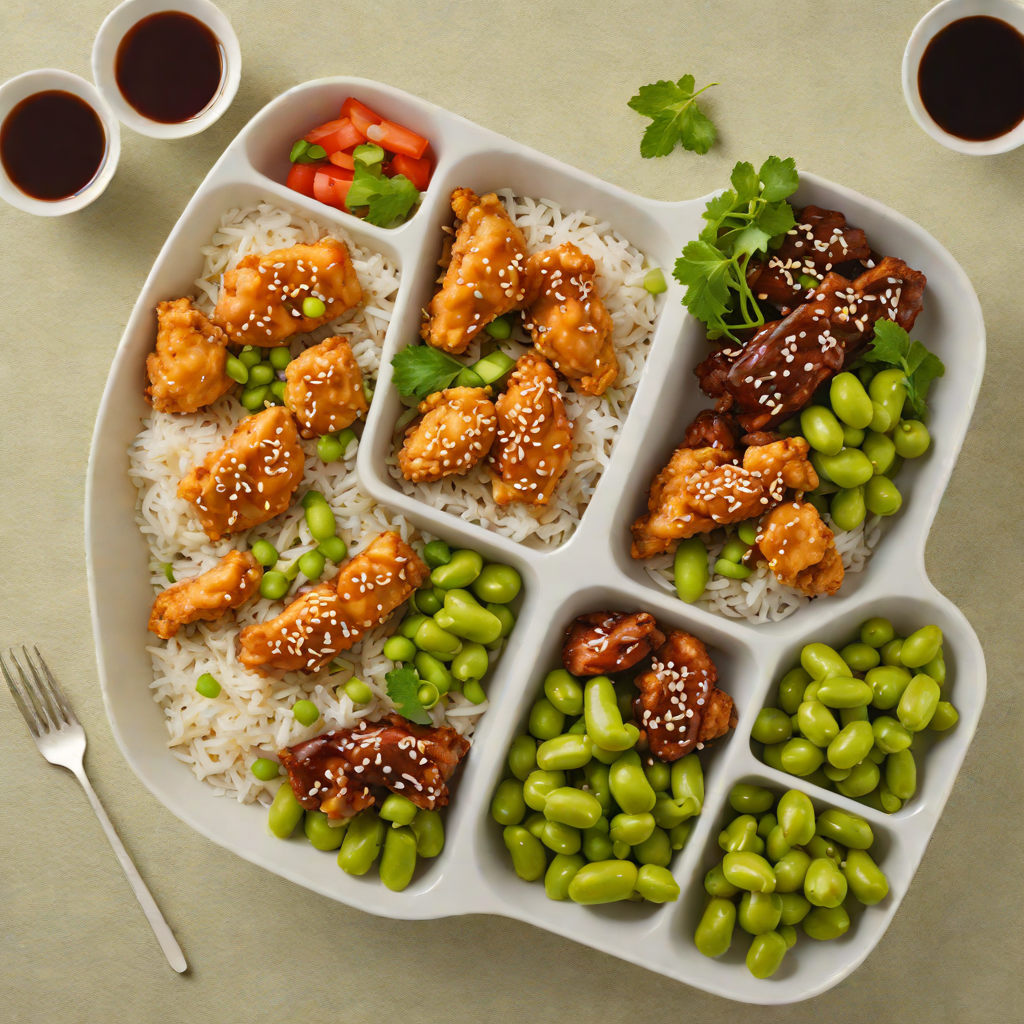 Asian-Inspired Bento Box with Sesame Chicken and Edamame